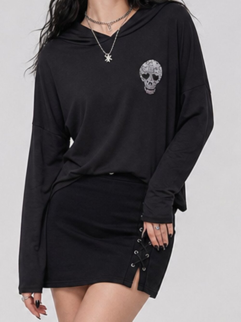 Atticute Black Pullover Thin Stretch Hoodie with Rhinestone Skull Goth Medium